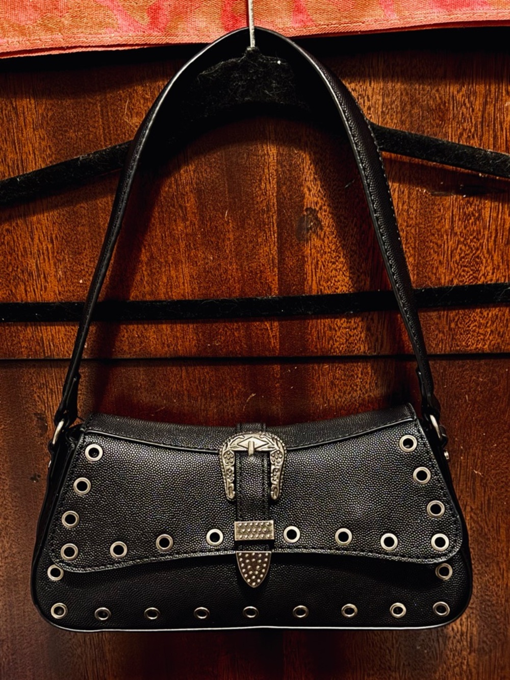 Y2K Betsey Johnson Black Studded Under Arm Bag with Silver Buckle